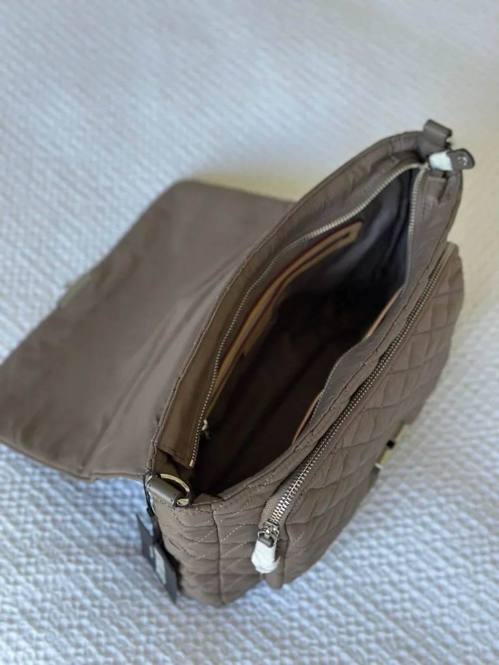 MZ Wallace Quilted Crossbody Bag in Taupe and Gray